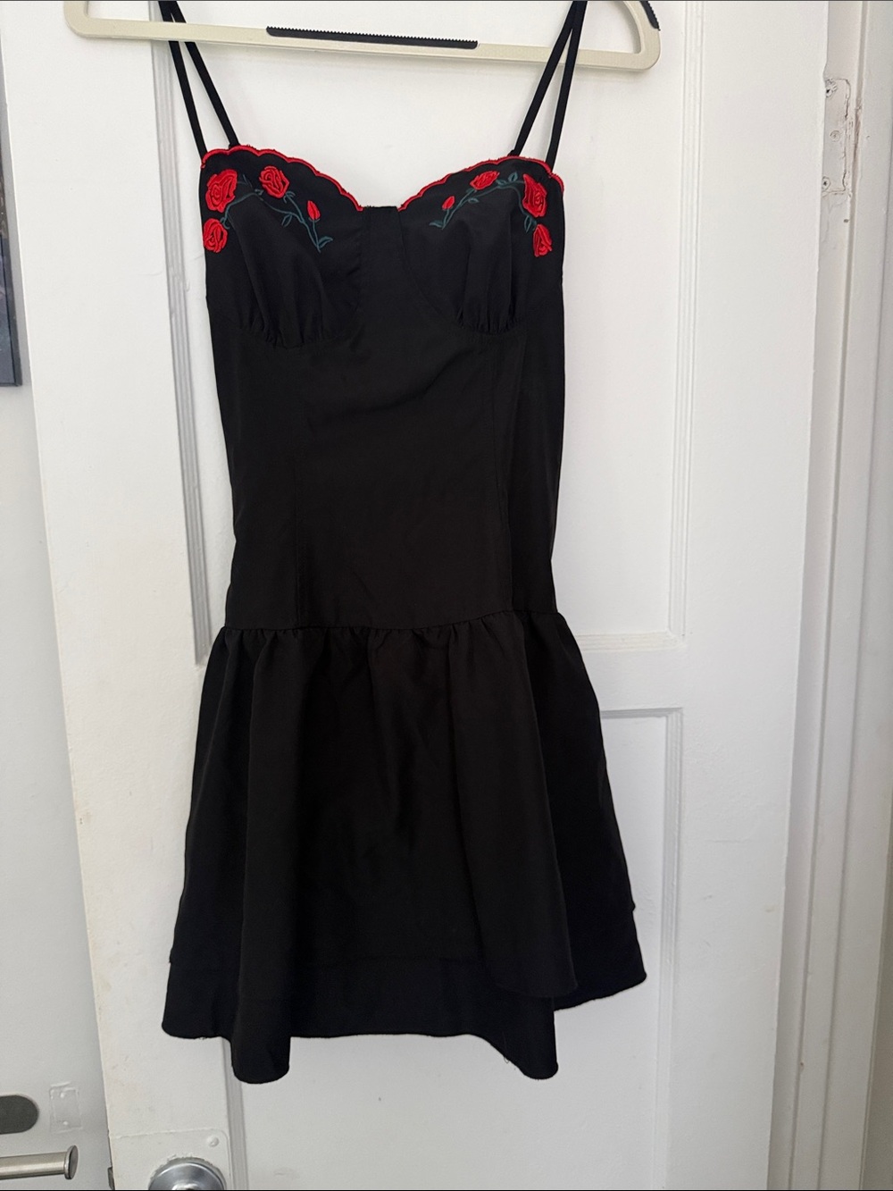Cider Black Spaghetti-Strap Dress with Red Rose Embroidery